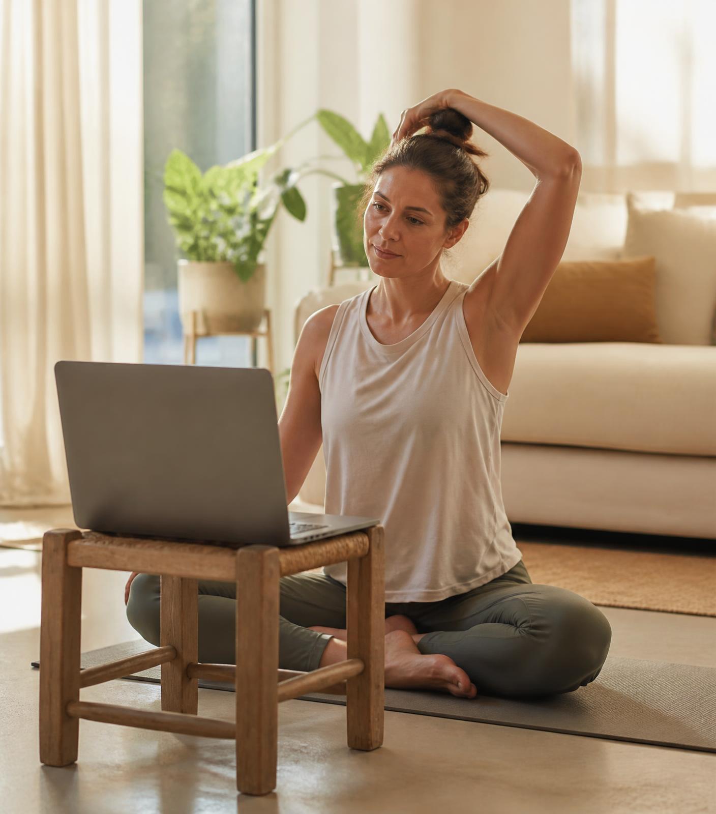 A woman following a guided physiotherapy session at home, seated on a mat beside a laptop in a sunlit living room