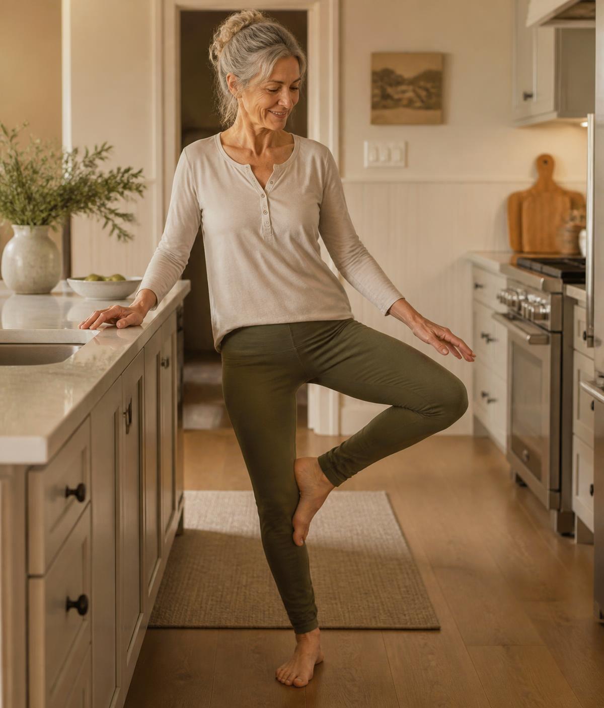 An older woman practising a balance exercise while resting one hand on a kitchen counter